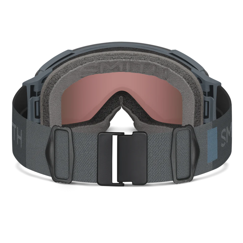 Gray goggles with a black strap on a white background