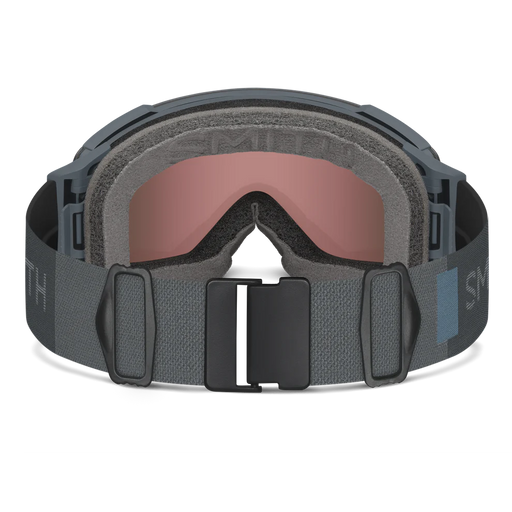 Gray goggles with a black strap on a white background