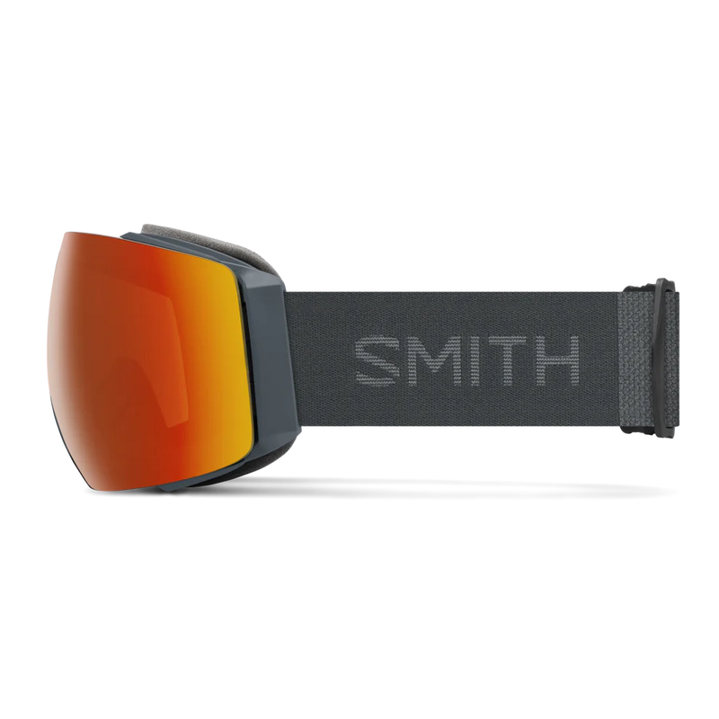 Smith ski goggles with orange lens and black strap on a white background
