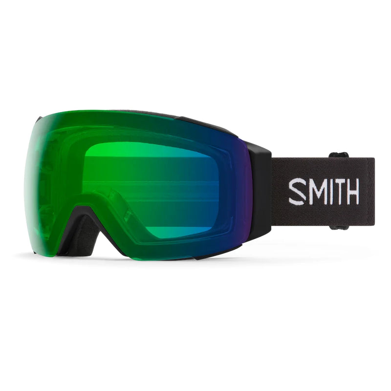 Green goggles with a black strap featuring the Smith logo on a white background