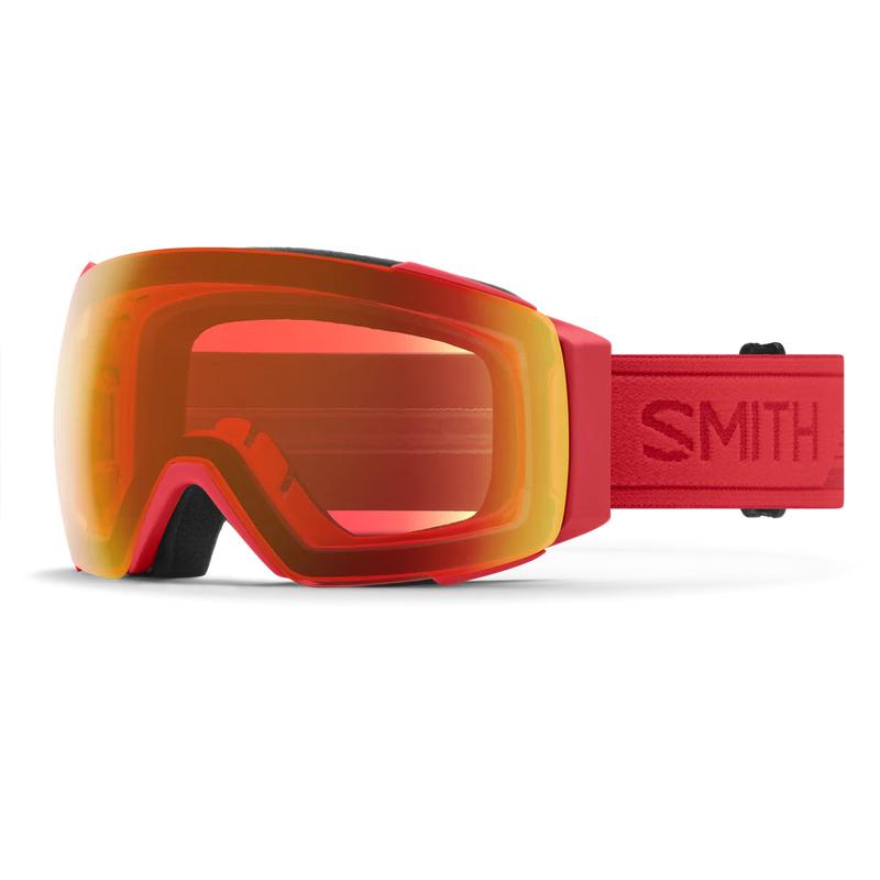 Red goggles with orange lens on a white background