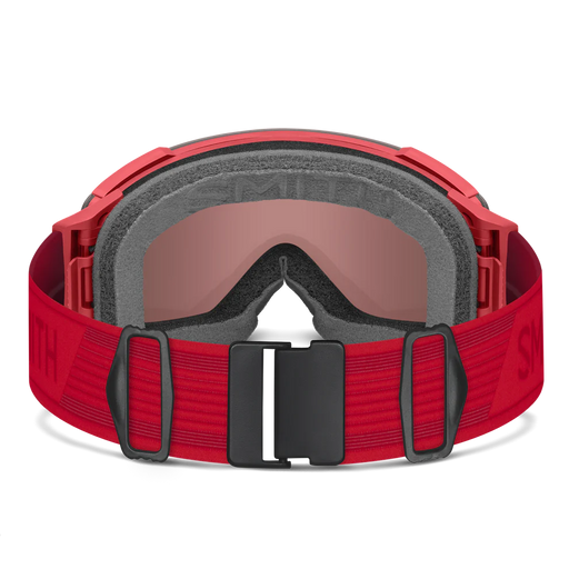 Red goggles with a black buckle on a white background
