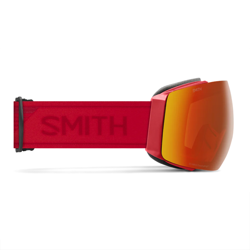 Red ski goggles with orange lens on a white background