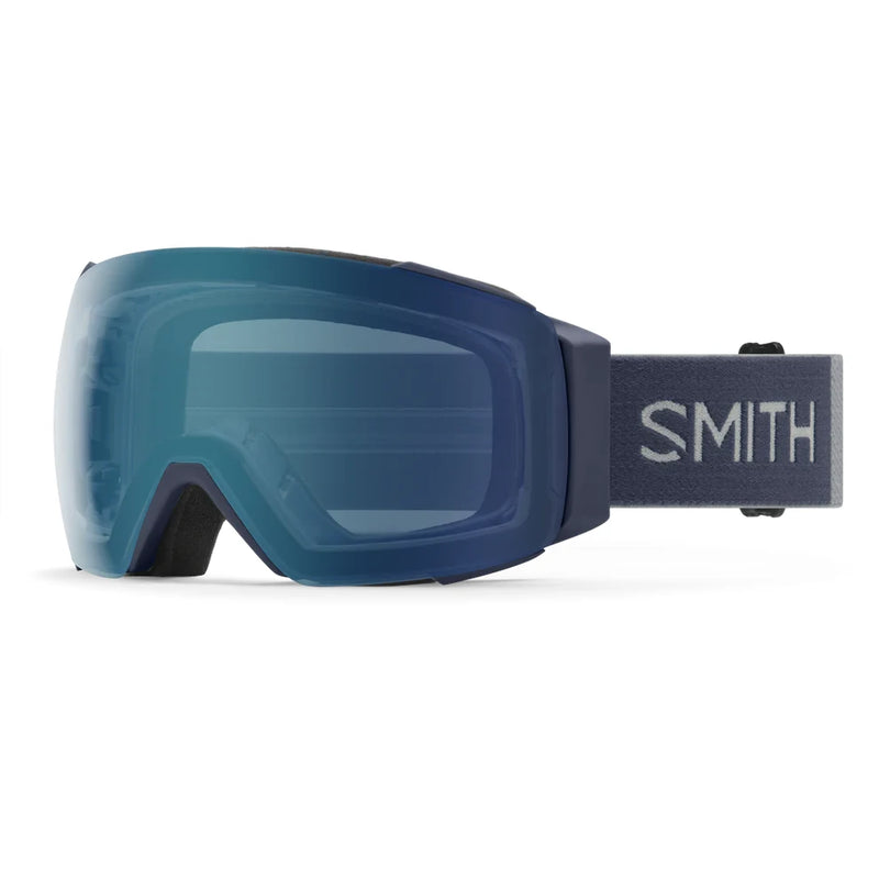 Blue ski goggles with 'Smith' logo on a white background