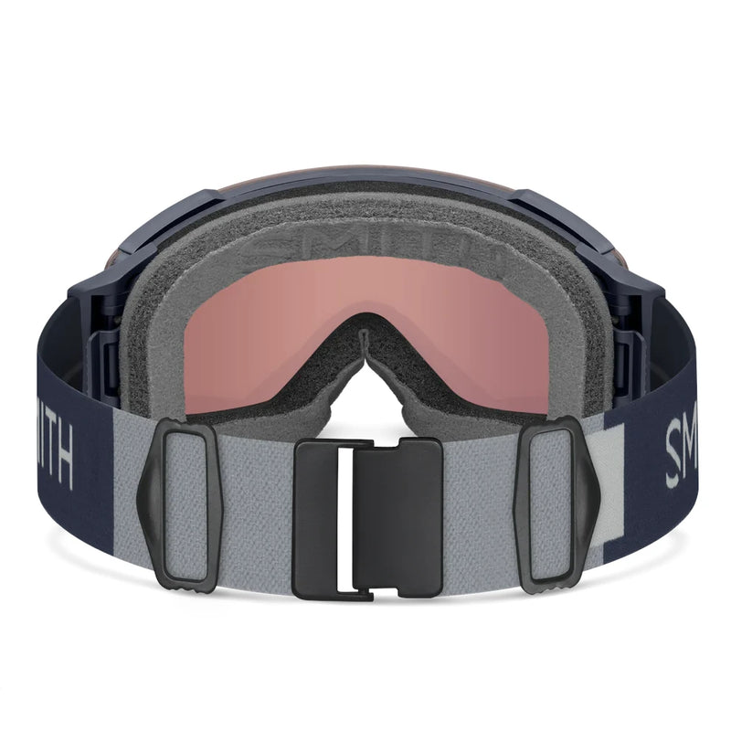 Ski goggles with a black and gray strap on a white background
