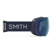 Smith goggles with blue lens and navy strap on a white background