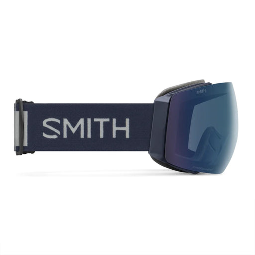 Smith goggles with blue lens and navy strap on a white background