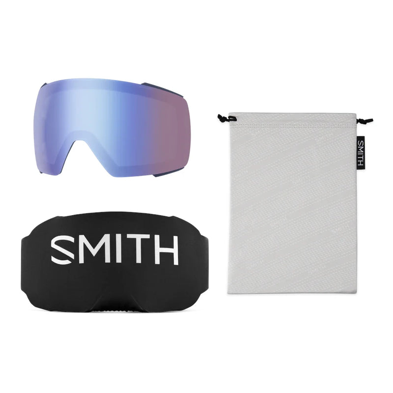 Smith ski goggles with blue lens, black bracket, and pouch on a white background