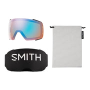 Smith ski goggles with a black bracket and cleaning cloth on a white background