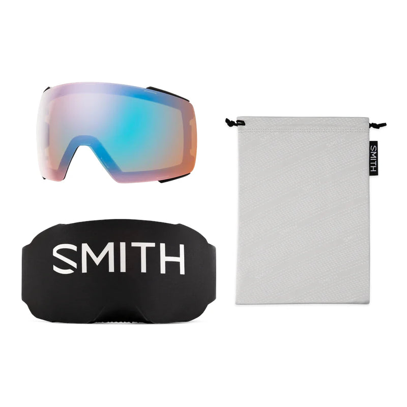 Smith ski goggles with a black bracket and cleaning cloth on a white background