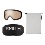 Smith goggles with a black case and white pouch on a white background