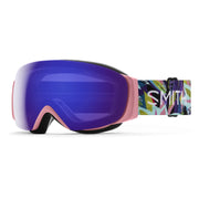 Pink and purple ski goggles with a colorful strap on a white background