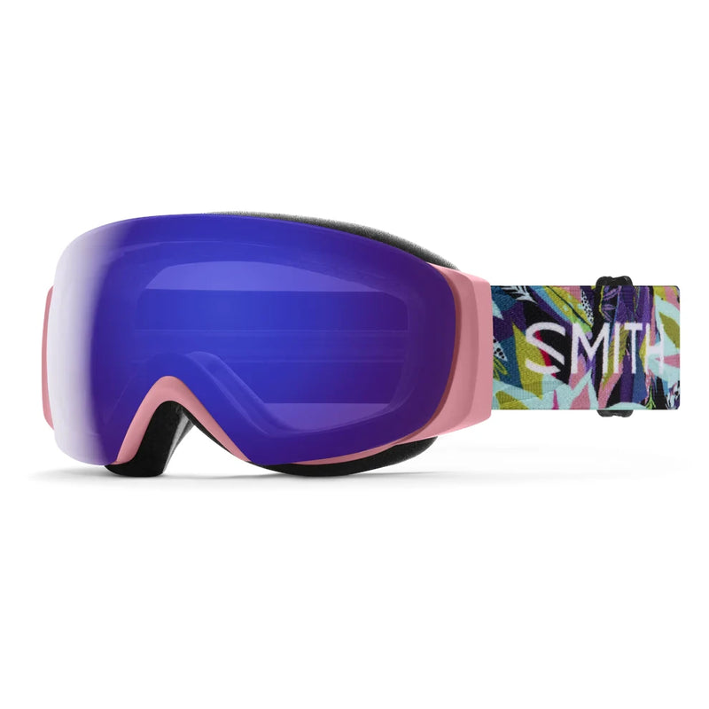 Pink and purple ski goggles with a colorful strap on a white background
