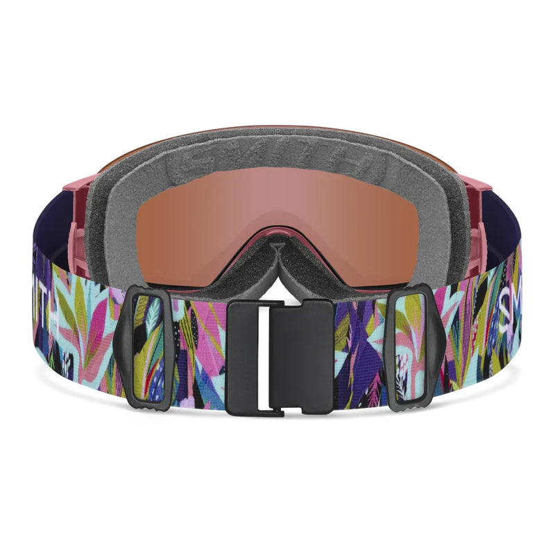 Ski goggles with a colorful strap on a white background