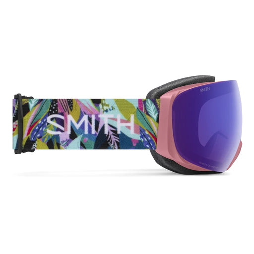 Smith snow goggles with colorful strap on a white background