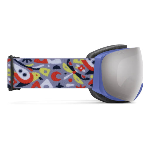 Goggles with colorful strap and reflective lens on a white background