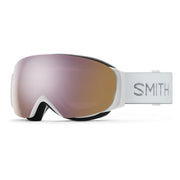 Smith snow goggles with a white frame and reflective lens on a white background
