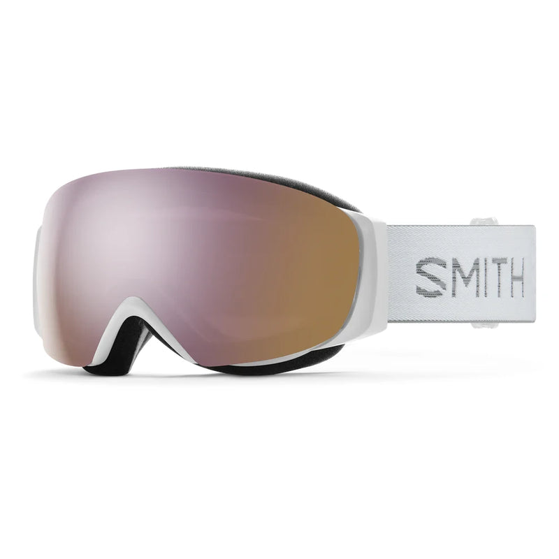 Smith snow goggles with a white frame and reflective lens on a white background