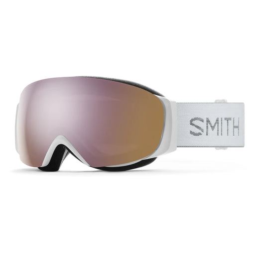 Smith snow goggles with a white frame and reflective lens on a white background