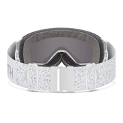 White snow goggles with gray lenses on a white background