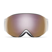 Ski goggles with a reflective brown lens on a white background