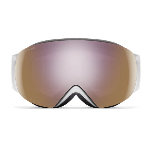 Ski goggles with a reflective brown lens on a white background