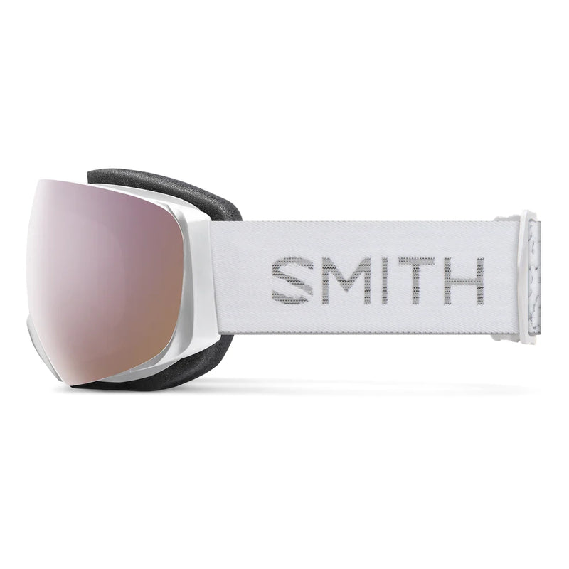 Smith goggles with white frame and pink lenses on a white background