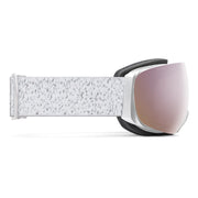 Sunglasses with a textured white frame and pink-tinted lens on a white background