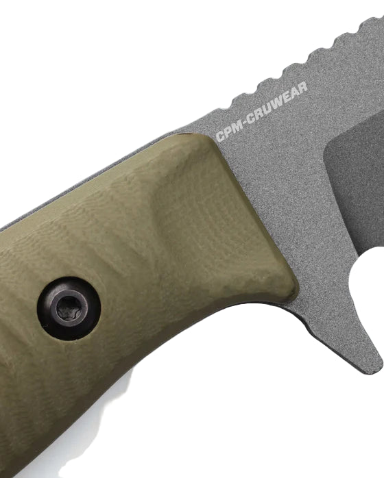 Close-up of a knife with a textured handle and 'GPM-CRUWEAR' branding on a white background