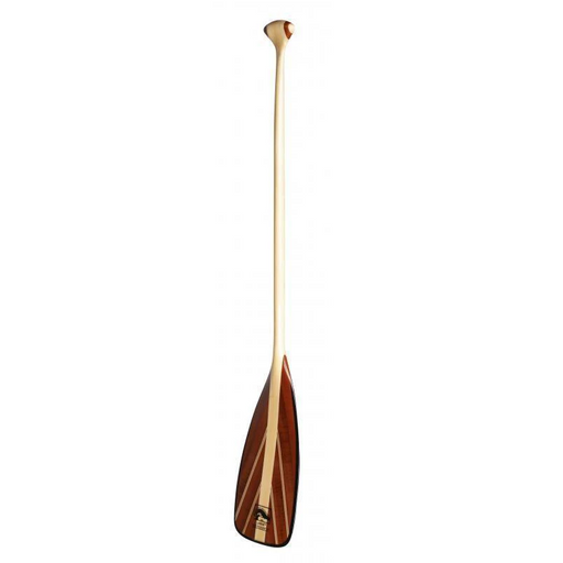 Side view of a wooden canoe paddle on a white background.
