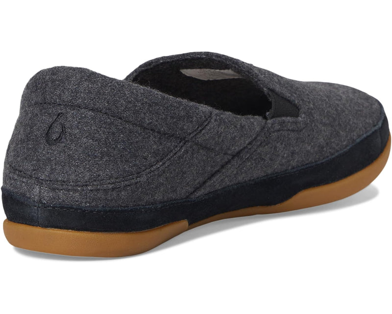 Gray slip-on shoe with a brown sole on a white background