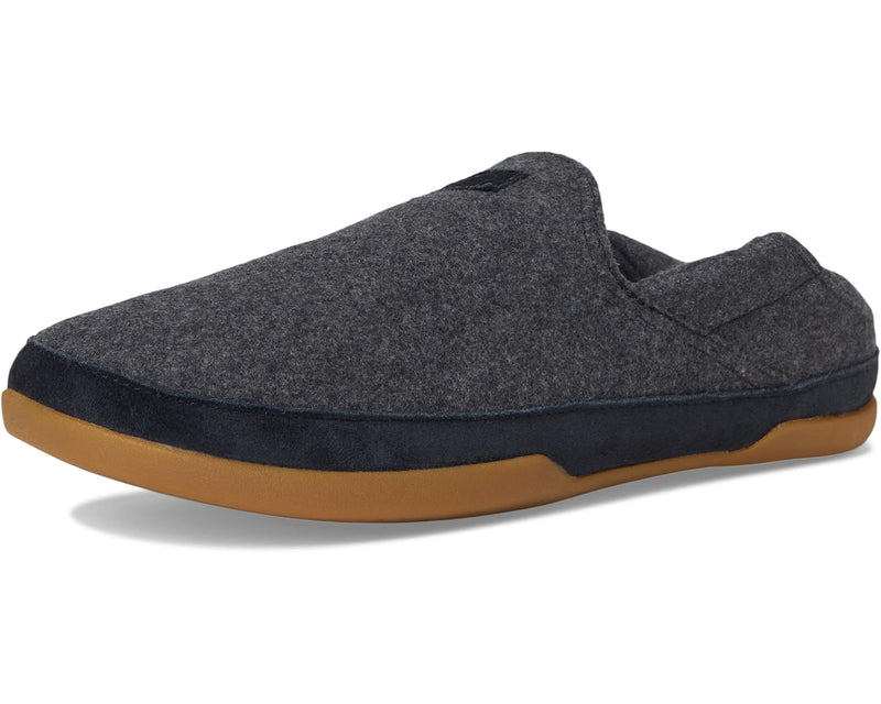 Gray slip-on shoe with brown sole on a white background