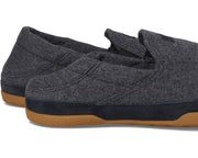 Pair of gray slippers with brown soles on a white background