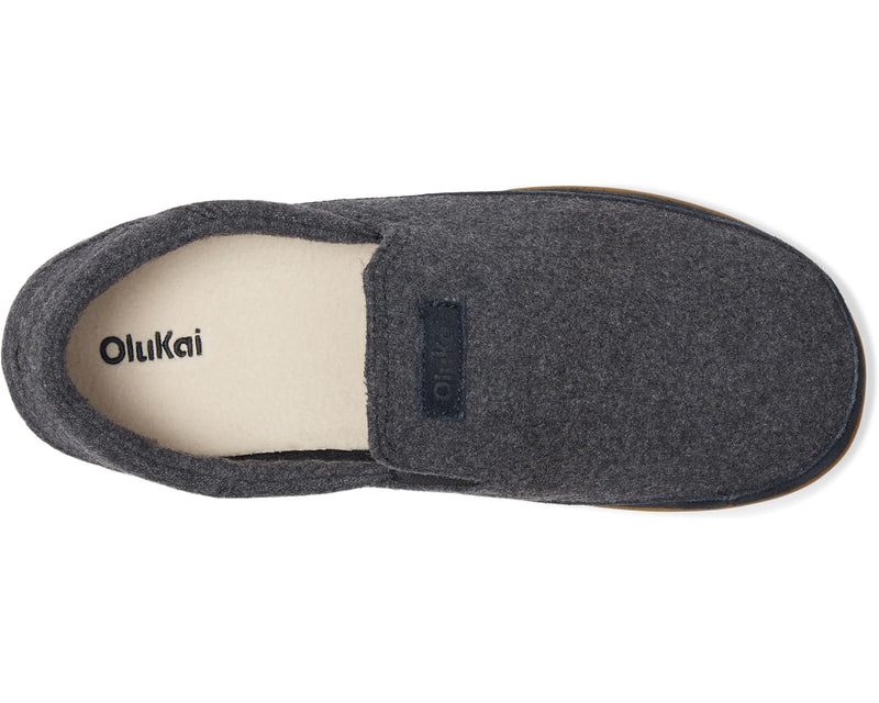 Gray slip-on shoe with 'Olukai' branding on a white background