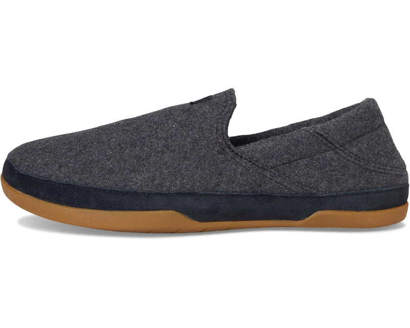 Gray slip-on shoe with a brown sole on a white background
