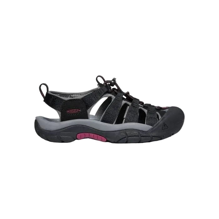 Black and gray sandal with pink accents on a white background