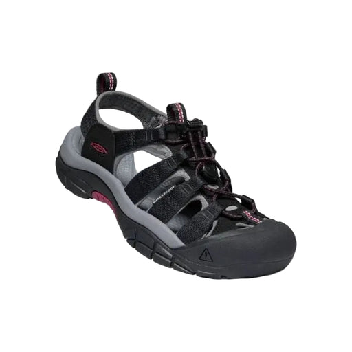 Black and gray sandal with pink accents on a white background