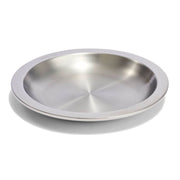 A round stainless steel shallow dish with a brushed metal finish, shown on a clean white background with a soft shadow.