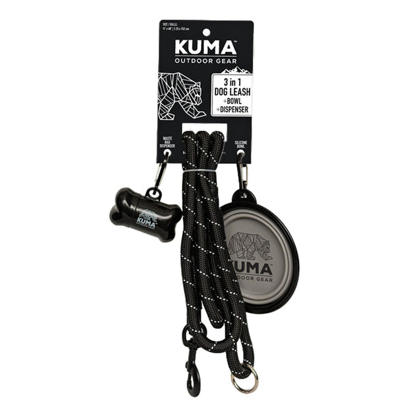 Kuma 3-in-1 dog leash, bowl, and dispenser set in black with silver hardware, hanging from a black branded retail card on a white background.