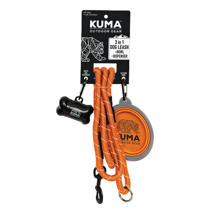 Orange dog leash with dispenser and bone-shaped clip on Kuma Outdoor Gear packaging.