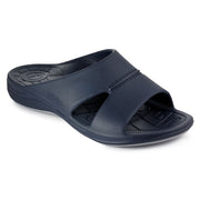 Front side facing navy blue sandal against a white background.