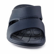 Front facing navy blue sandal against a white background. 