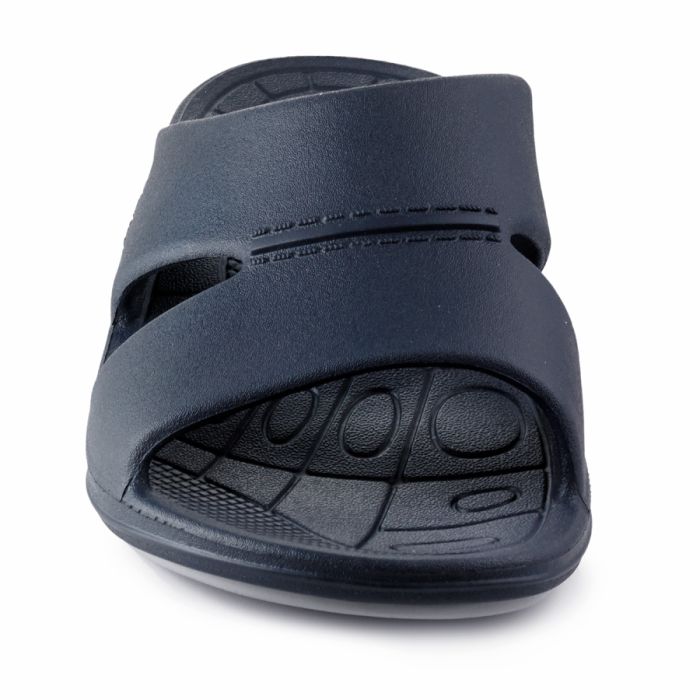 Front facing navy blue sandal against a white background. 