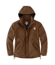 Brown hooded jacket with a Carhartt logo on a white background.