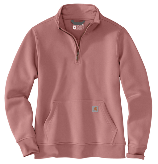 A dusty rose quarter-zip pullover sweatshirt with a kangaroo pocket and a small Carhartt logo patch on the front, displayed against a white background