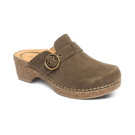 Brown clog shoe with a strap and buckle on a white background