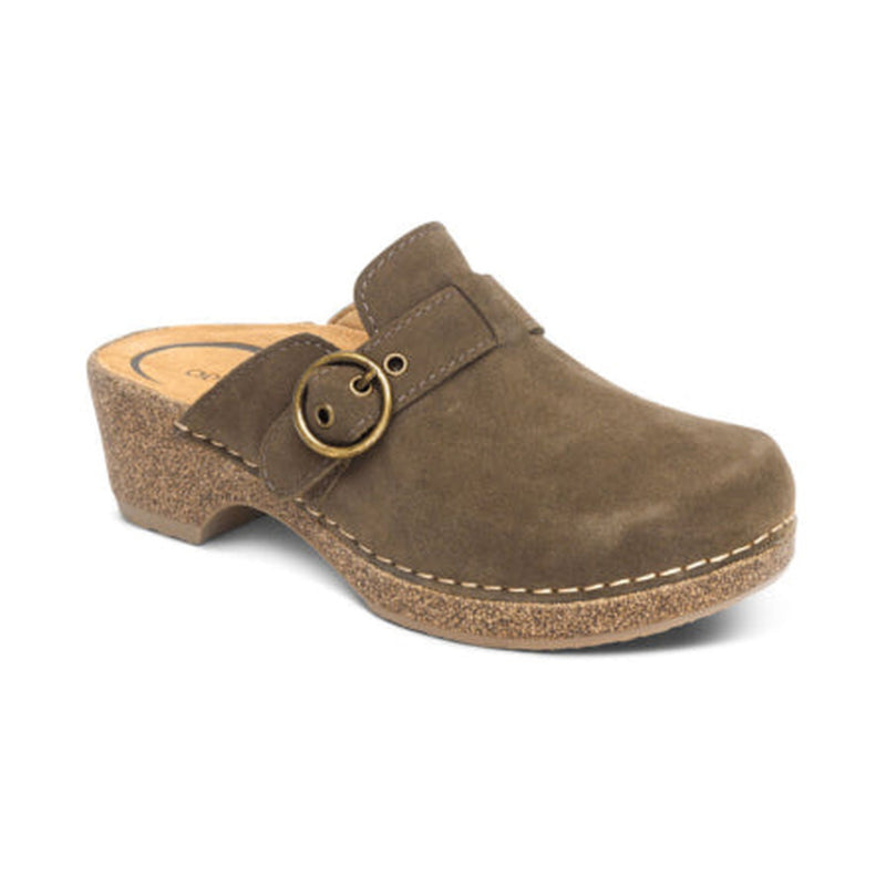 Brown clog shoe with a strap and buckle on a white background