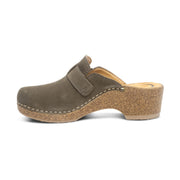 Brown clog shoe with a strap on a white background