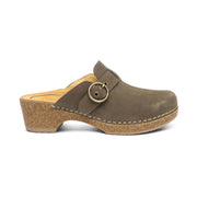 Brown suede clog shoe with a strap and buckle on a white background