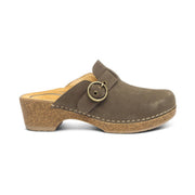 Brown suede clog shoe with a strap and buckle on a white background